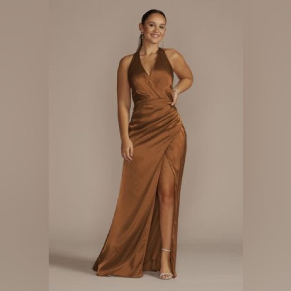 Elegant Halter Tawny Satin Gown with Slit!